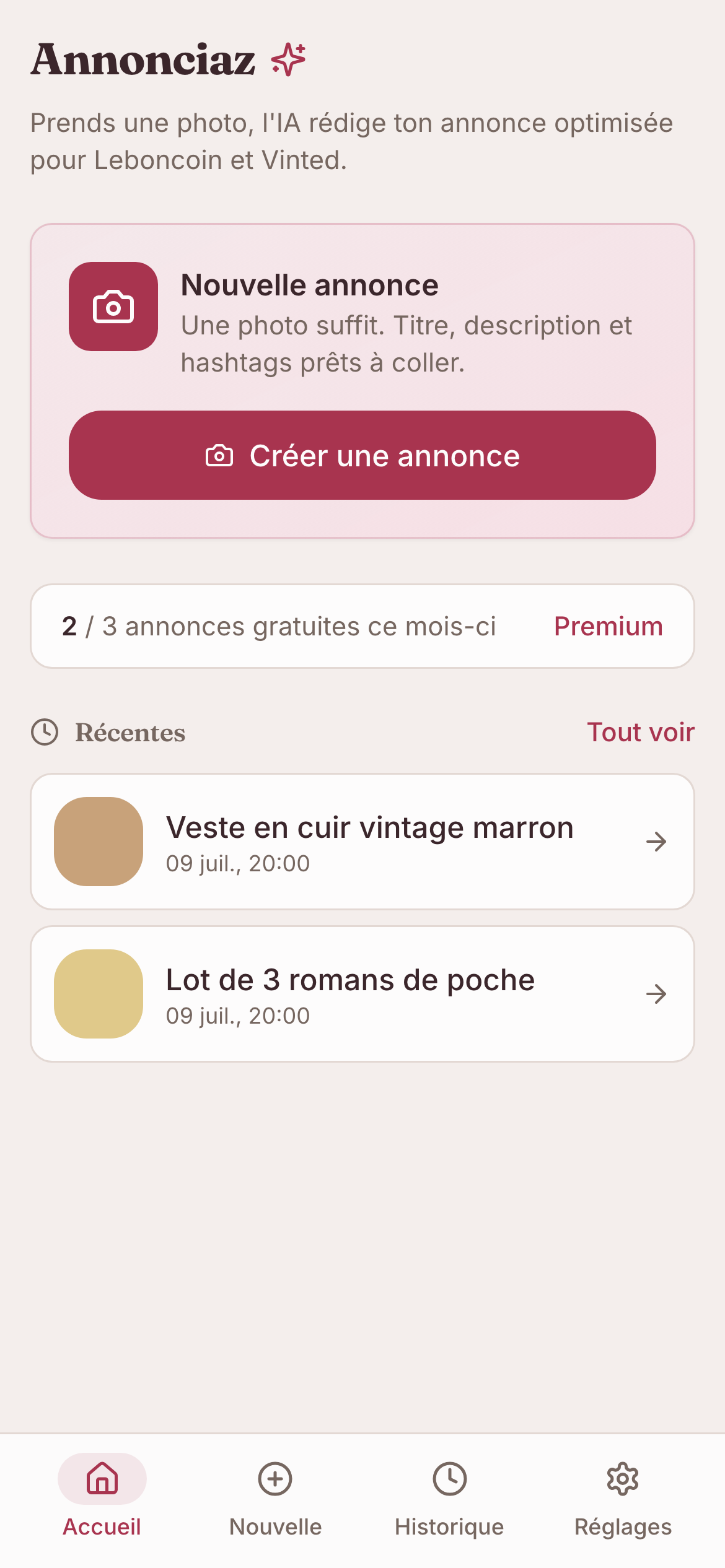 Écran d'accueil d'Annonciaz avec le bouton pour créer une annonce et les annonces récentes