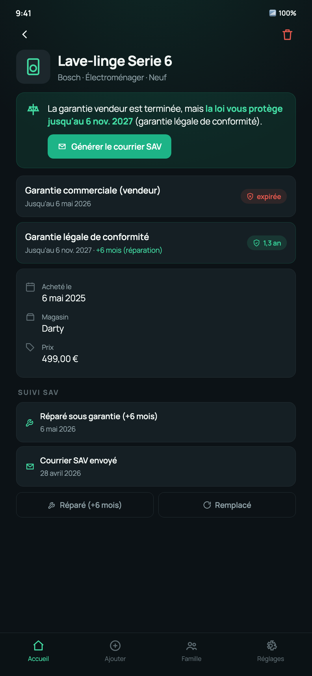 Fiche produit montrant que la garantie légale de conformité protège encore alors que la garantie vendeur est expirée