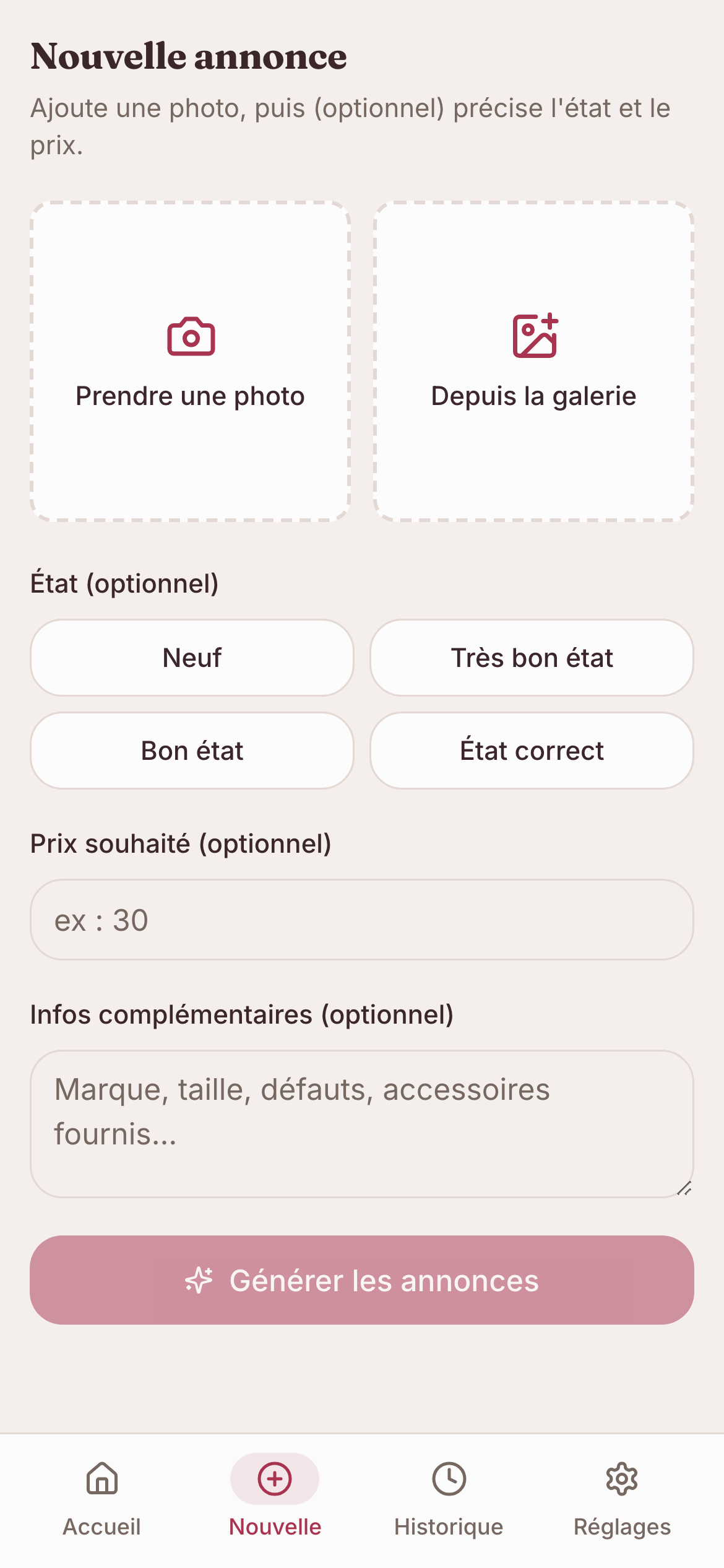 Écran de création d'annonce d'Annonciaz : photo de l'objet, état et prix souhaité