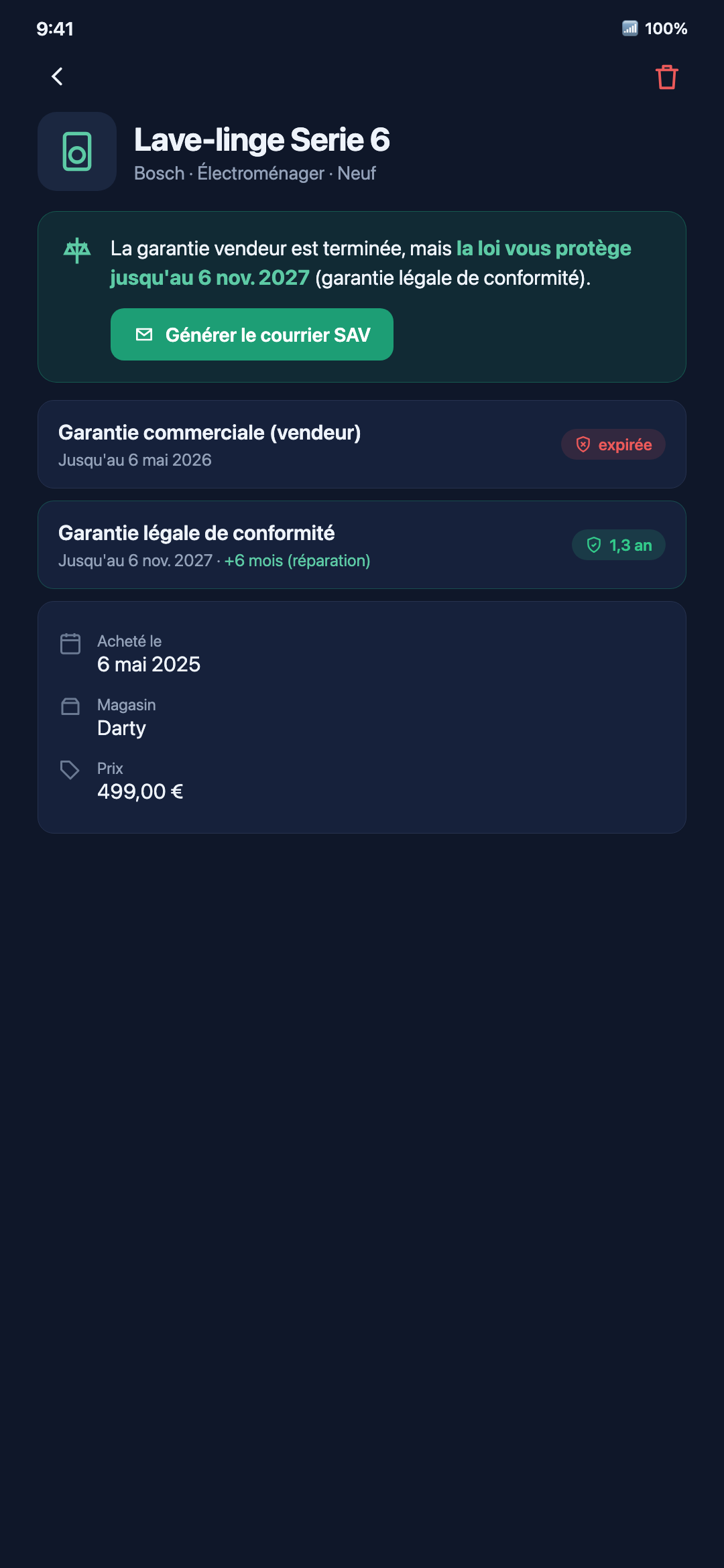 Fiche produit montrant que la garantie légale de conformité protège encore alors que la garantie vendeur est expirée