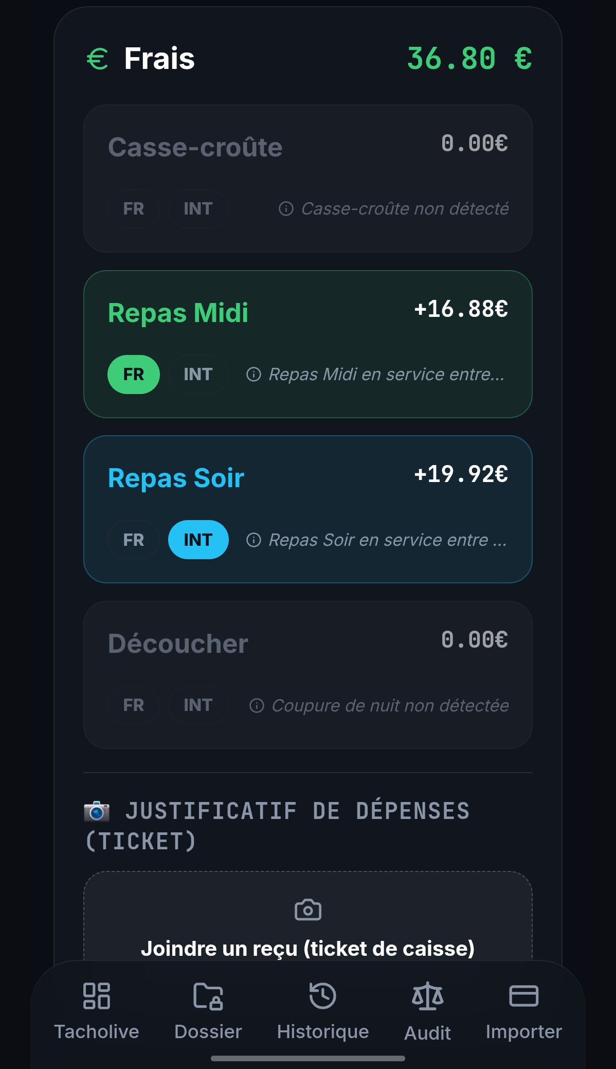 Frais : repas et découcher