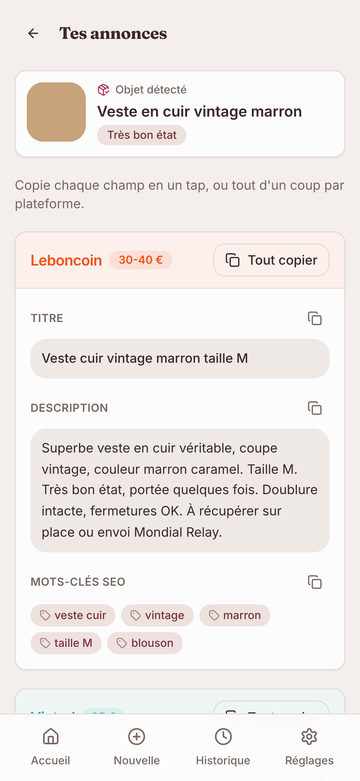Annonces générées par Annonciaz pour Leboncoin et Vinted avec titre, description, mots-clés et prix conseillé
