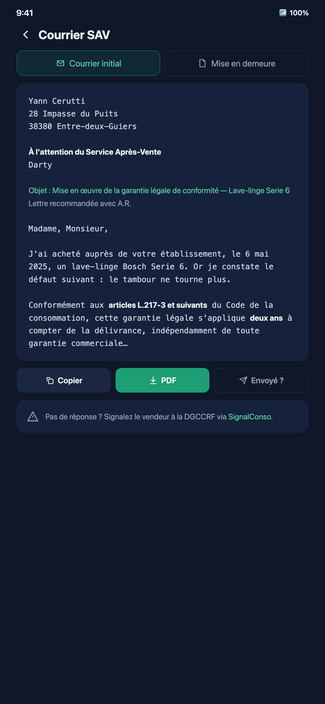 Courrier SAV juridique généré par Garantaz citant les articles du Code de la consommation