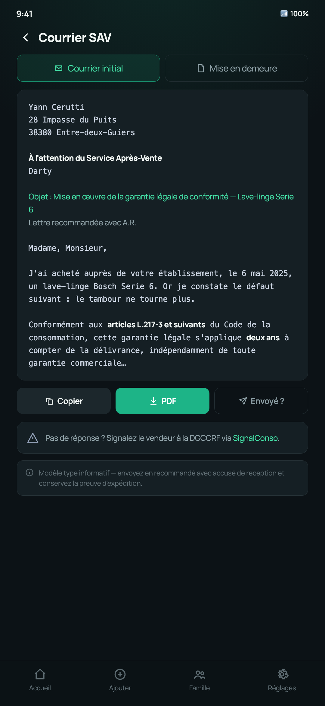 Courrier SAV juridique généré par Garantaz citant les articles du Code de la consommation
