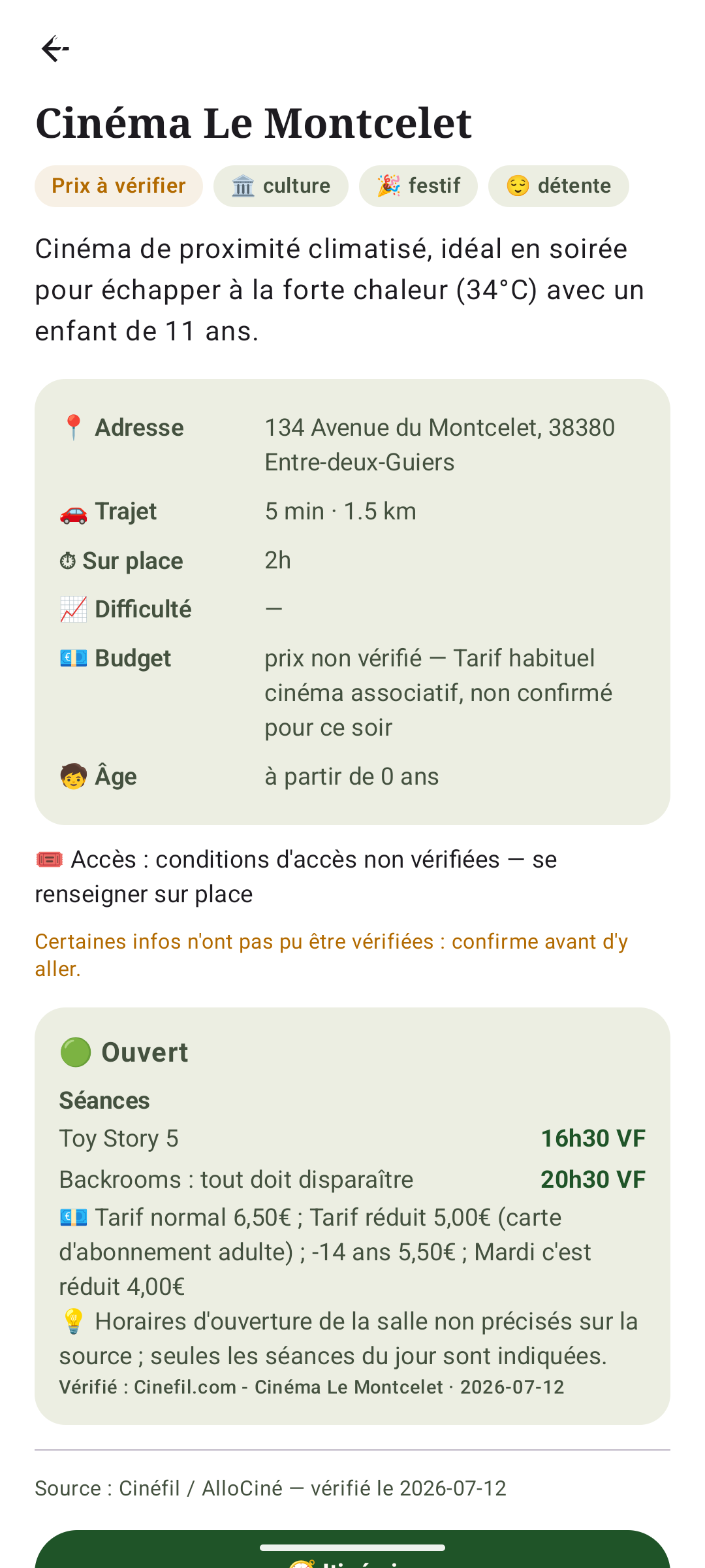 Infos du jour vérifiées sur le web : séances, horaires et tarifs de l'activité