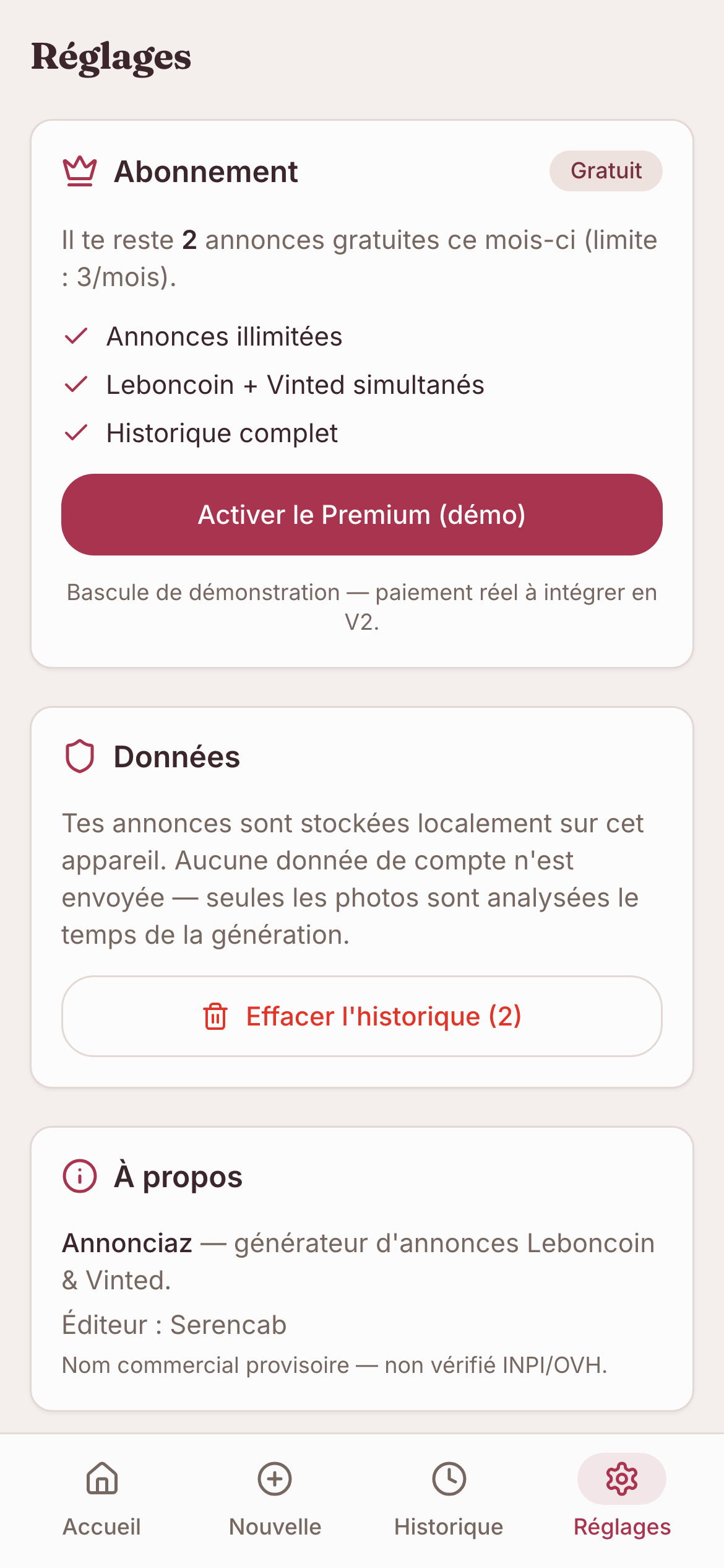 Écran des réglages d'Annonciaz avec l'offre Premium et la confidentialité