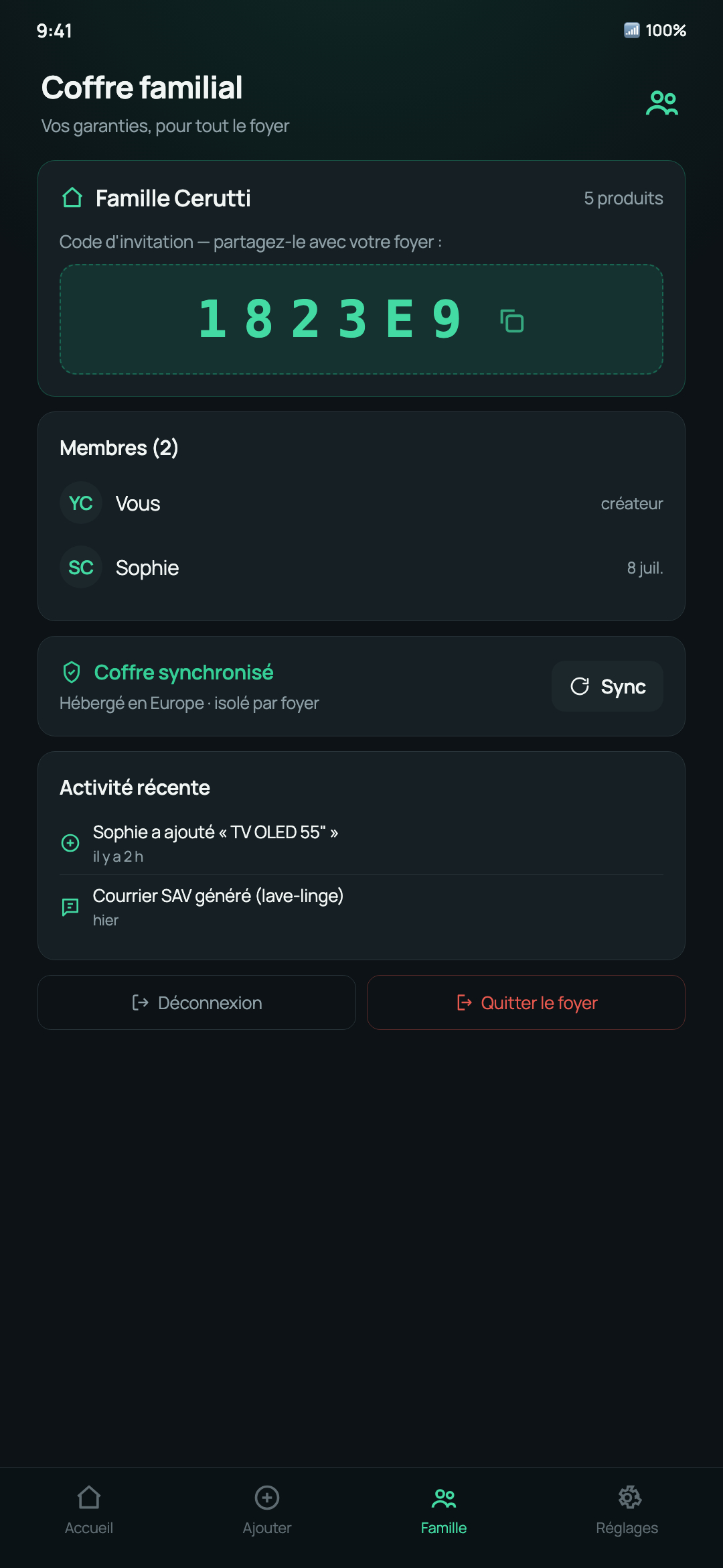 Coffre familial de Garantaz avec code d'invitation partagé entre les membres du foyer