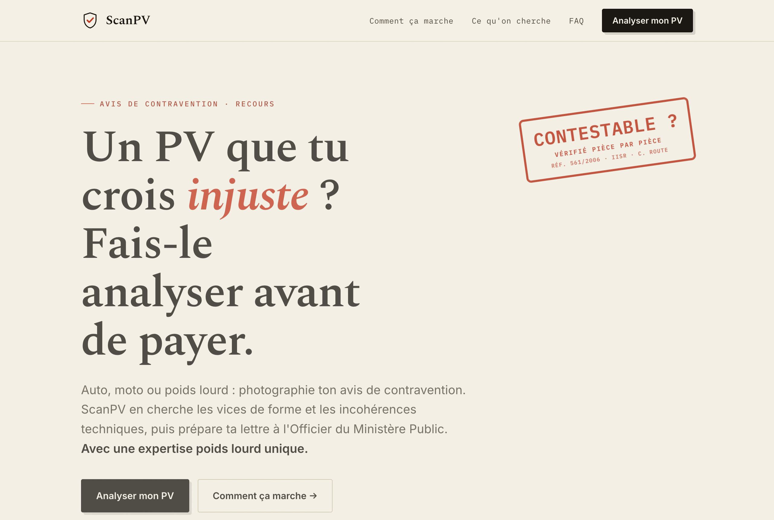 Page d'accueil de ScanPV : « Un PV que tu crois injuste ? Fais-le analyser avant de payer », avec le tampon Contestable ?