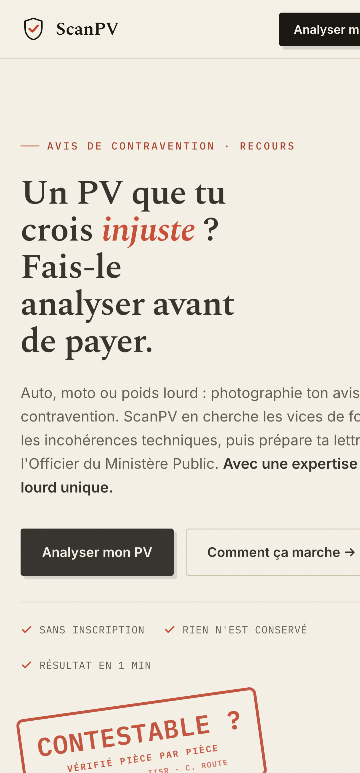 ScanPV sur mobile : le hero et le début du formulaire d'analyse